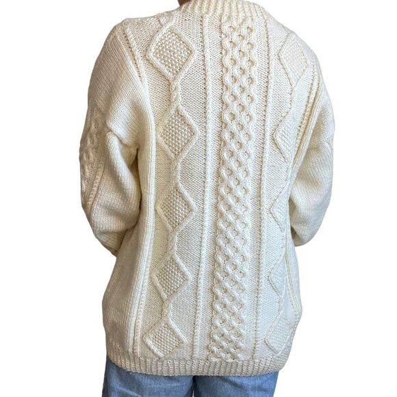Vintage Womens Hand Knit White Fisherman Crew Oversized Winter Chunky Sweater XL - Picture 3 of 7